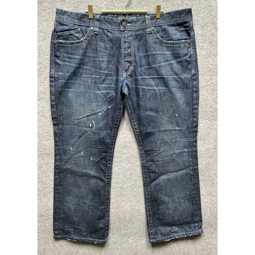 Affliction Cooper Relaxed Boot Jean 40x30 Dark Blue Distressed Y2K Grunge Fringe